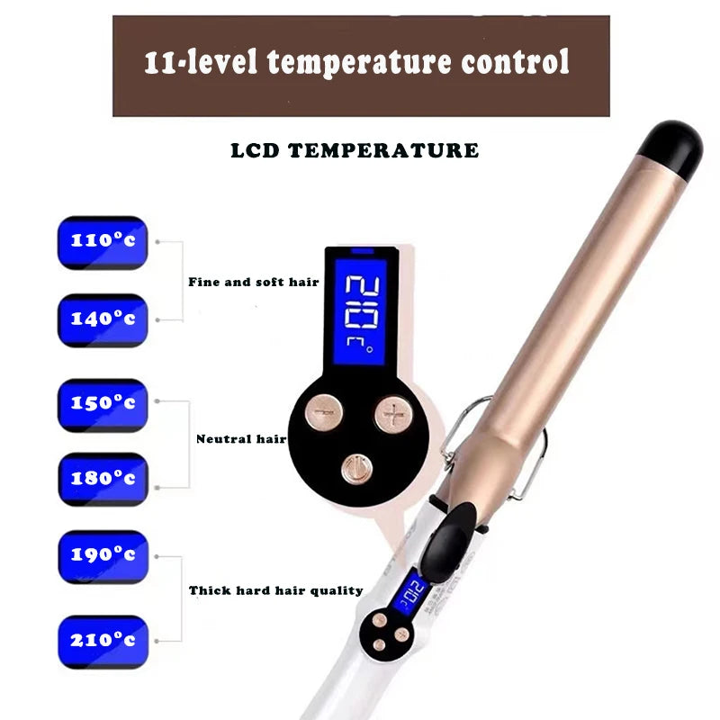 Professional Ceramic Hair Wave Curling Wand - LCD Display Curling Iron for Waves & Curls