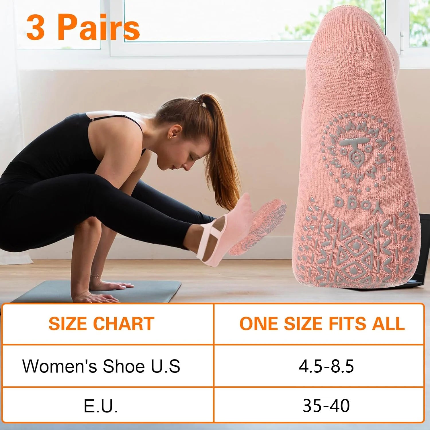 3-Pair Yoga Socks Set - Non-Slip Grip Socks with Straps for Women (Yoga, Pilates, Ballet)