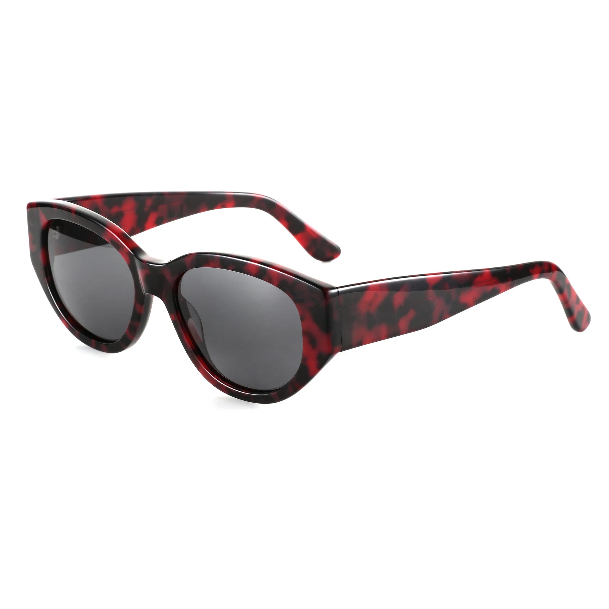 Women's red tortoiseshell cat-eye sunglasses with dark lenses
