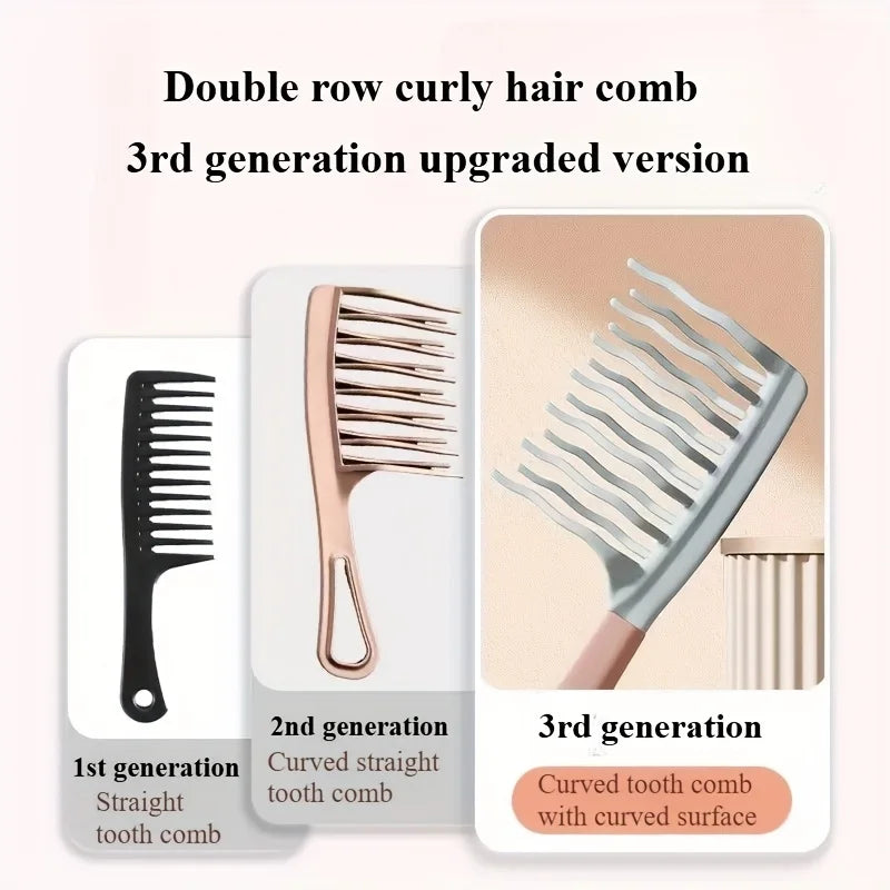 Set of detangling combs showing curved and straight tooth designs, with one light blue comb