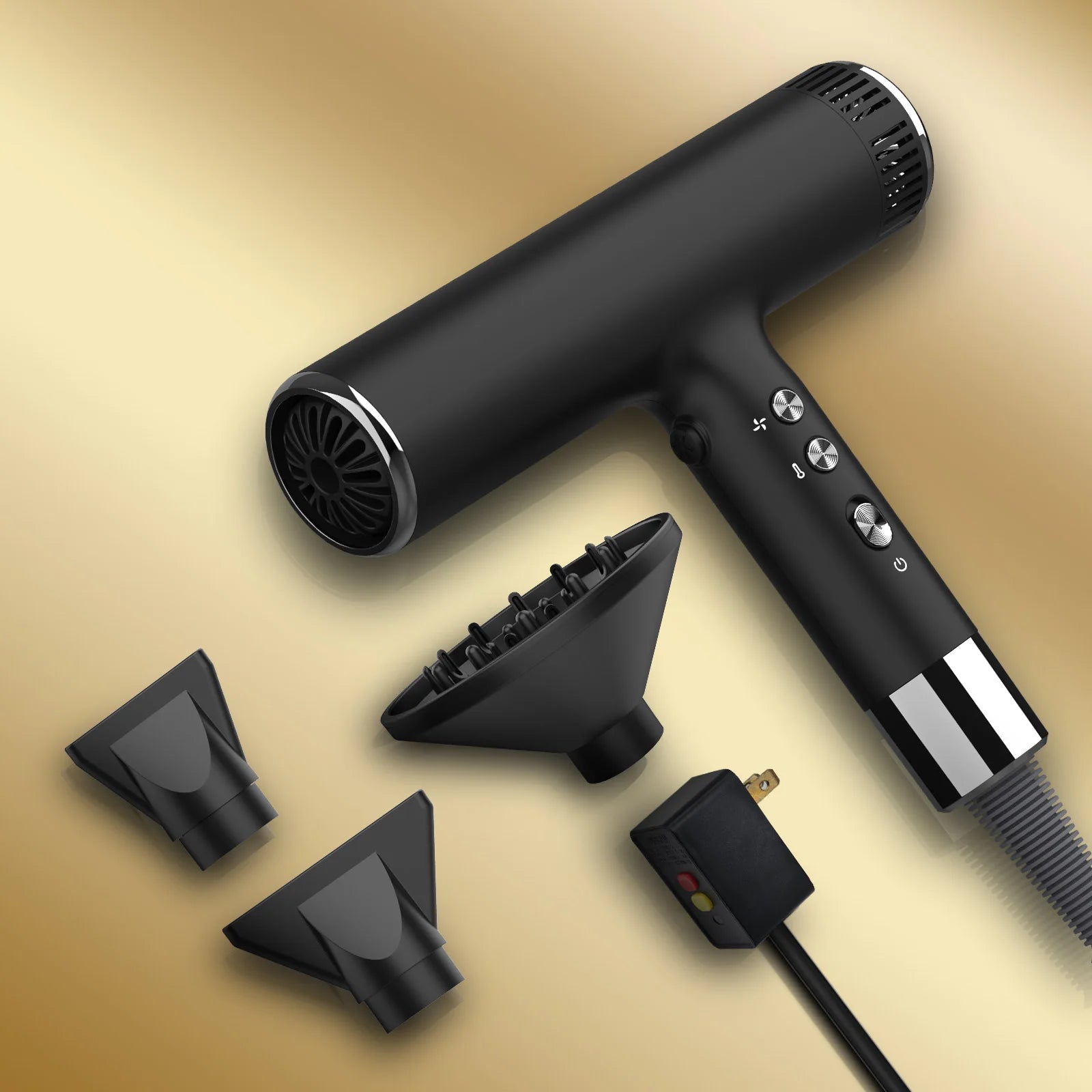 Black professional hair dryer with concentrator and diffuser attachments