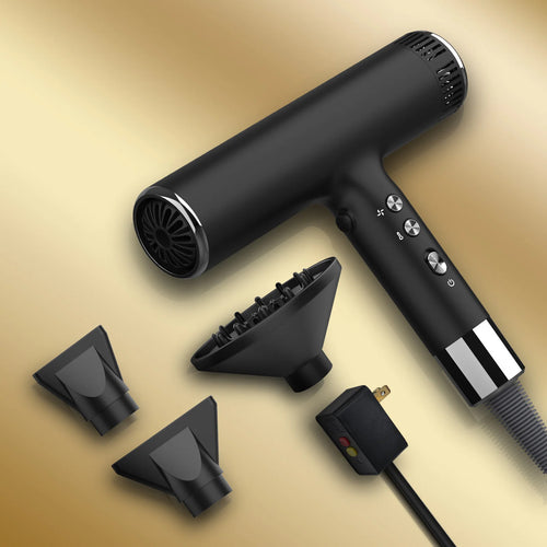 Black professional hair dryer with concentrator and diffuser attachments