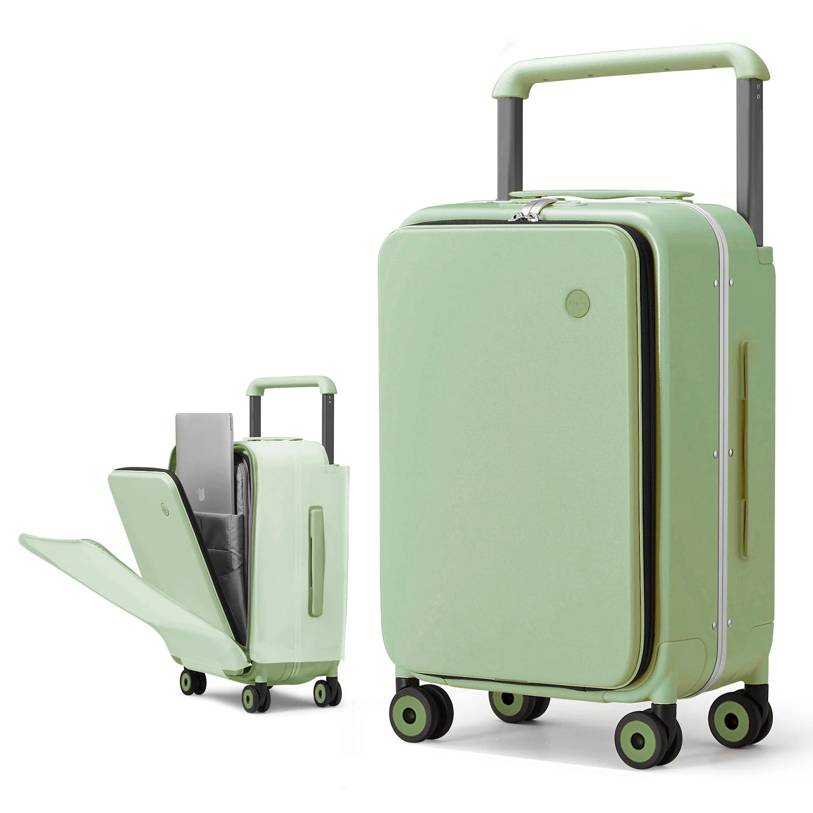 20-inch carry-on suitcase with trolley handle, mint green hard shell, side lock details