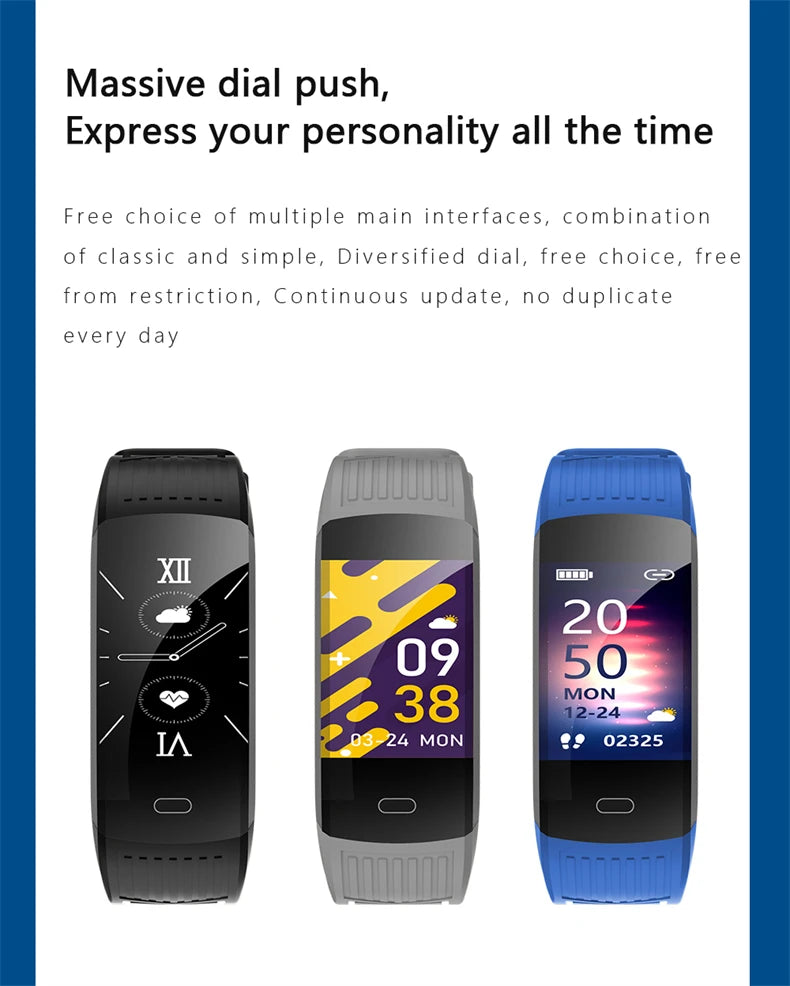 Three fitness smartwatch watch bands showing different dial designs