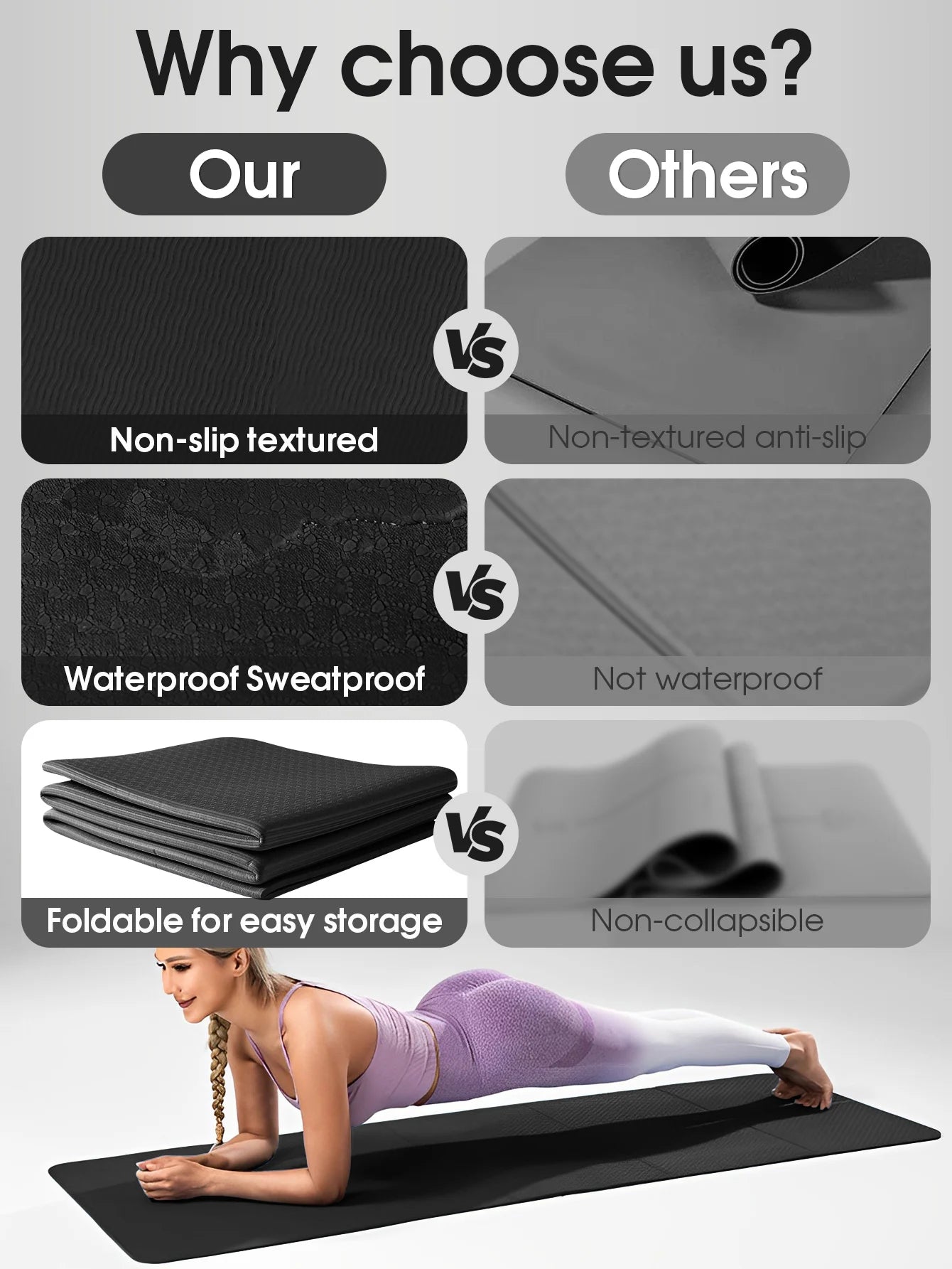 Black foldable yoga mat with textured grip, shown next to plank pose.