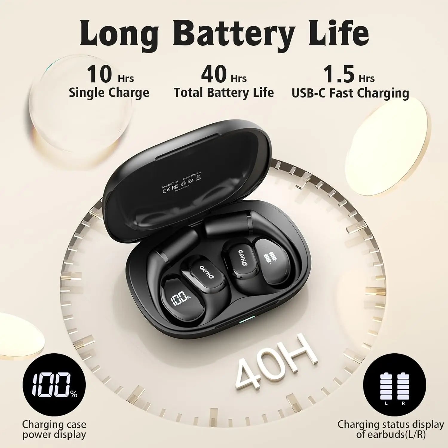 Ohayo T10 Open-Ear Sports Headphones - Bluetooth 5.4 with 40Hr Battery & IPX6 Waterproof