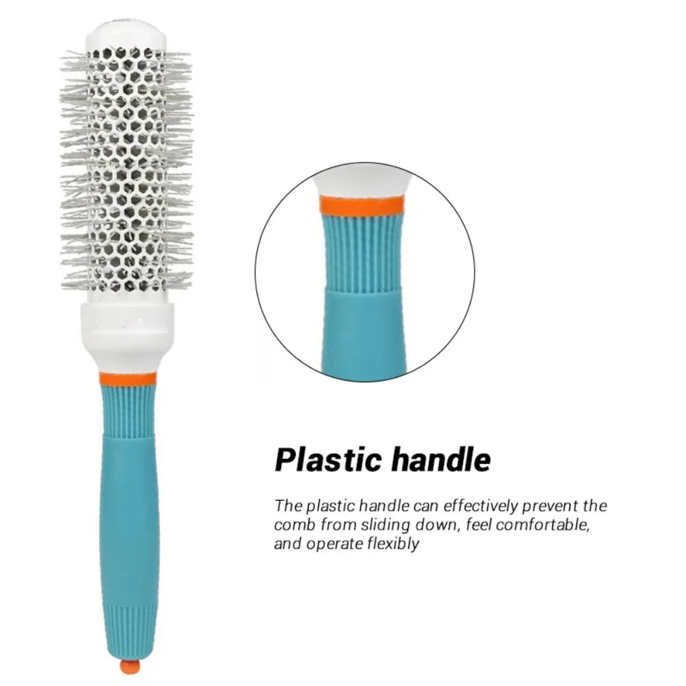 Round barrel hair brush with teal plastic handle and dense silver bristle head
