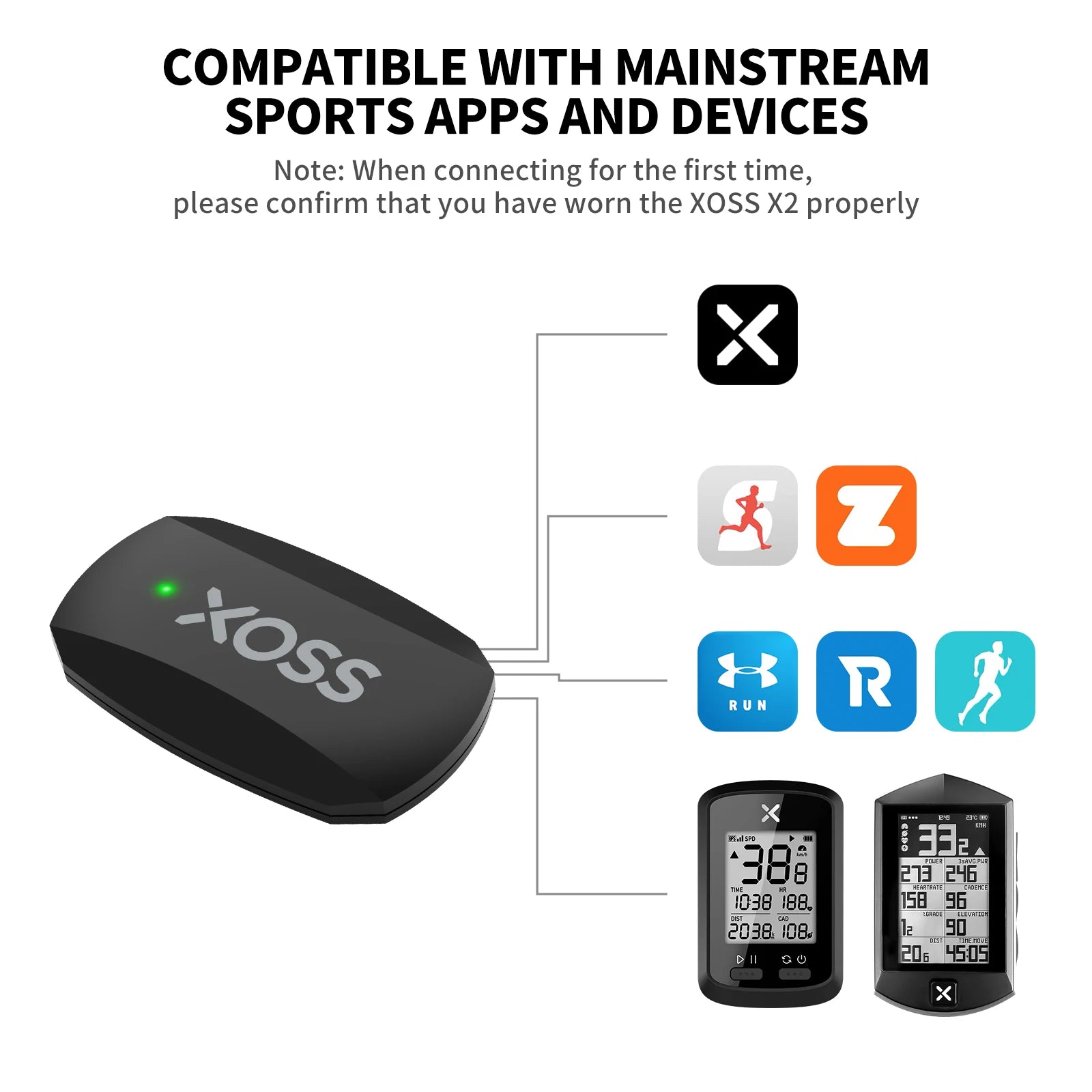 XOSS X2 Bluetooth ANT+ HR monitor chest strap by Cedar & Moore; black, compatible with major fitness apps.