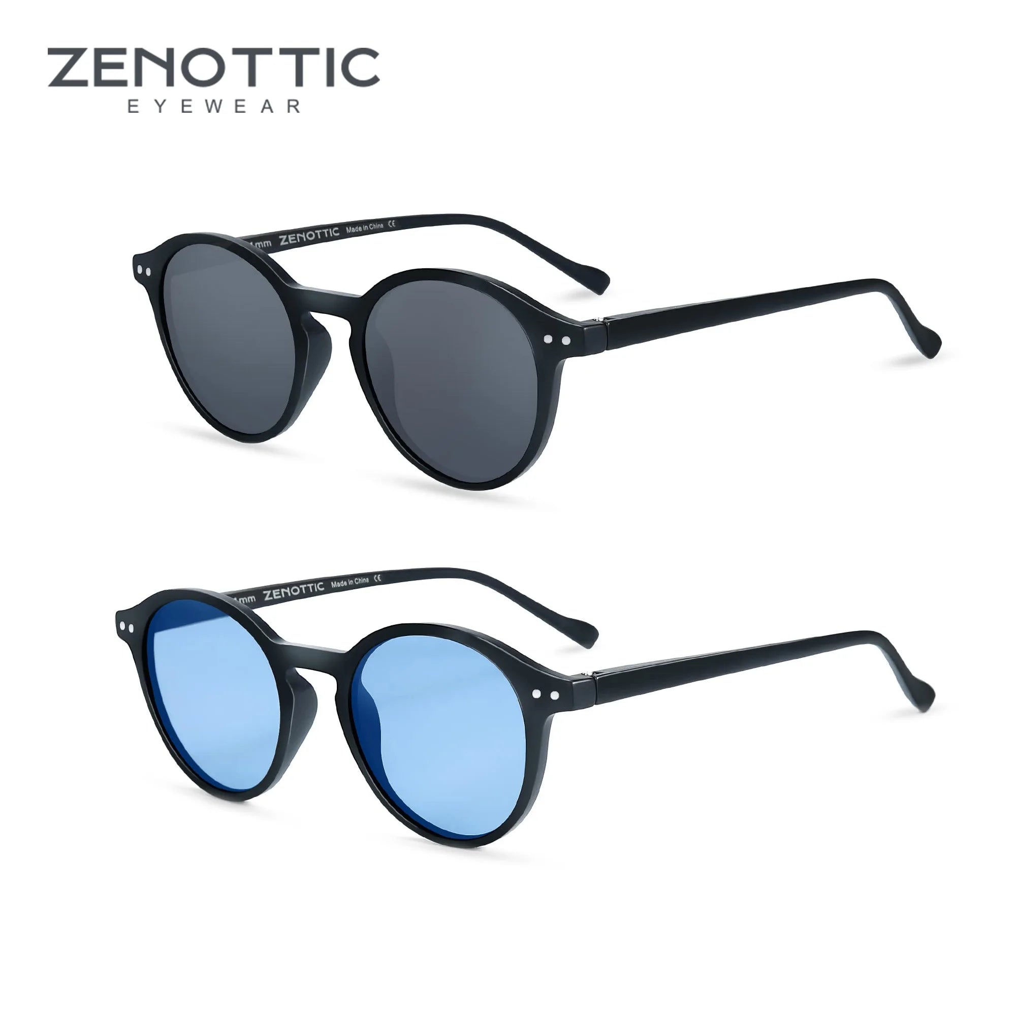 Small round retro polarized sunglasses, black and blue frames with mirrored blue lenses