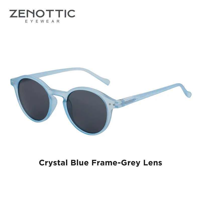 Small round sunglasses, crystal blue frame with dark grey lenses