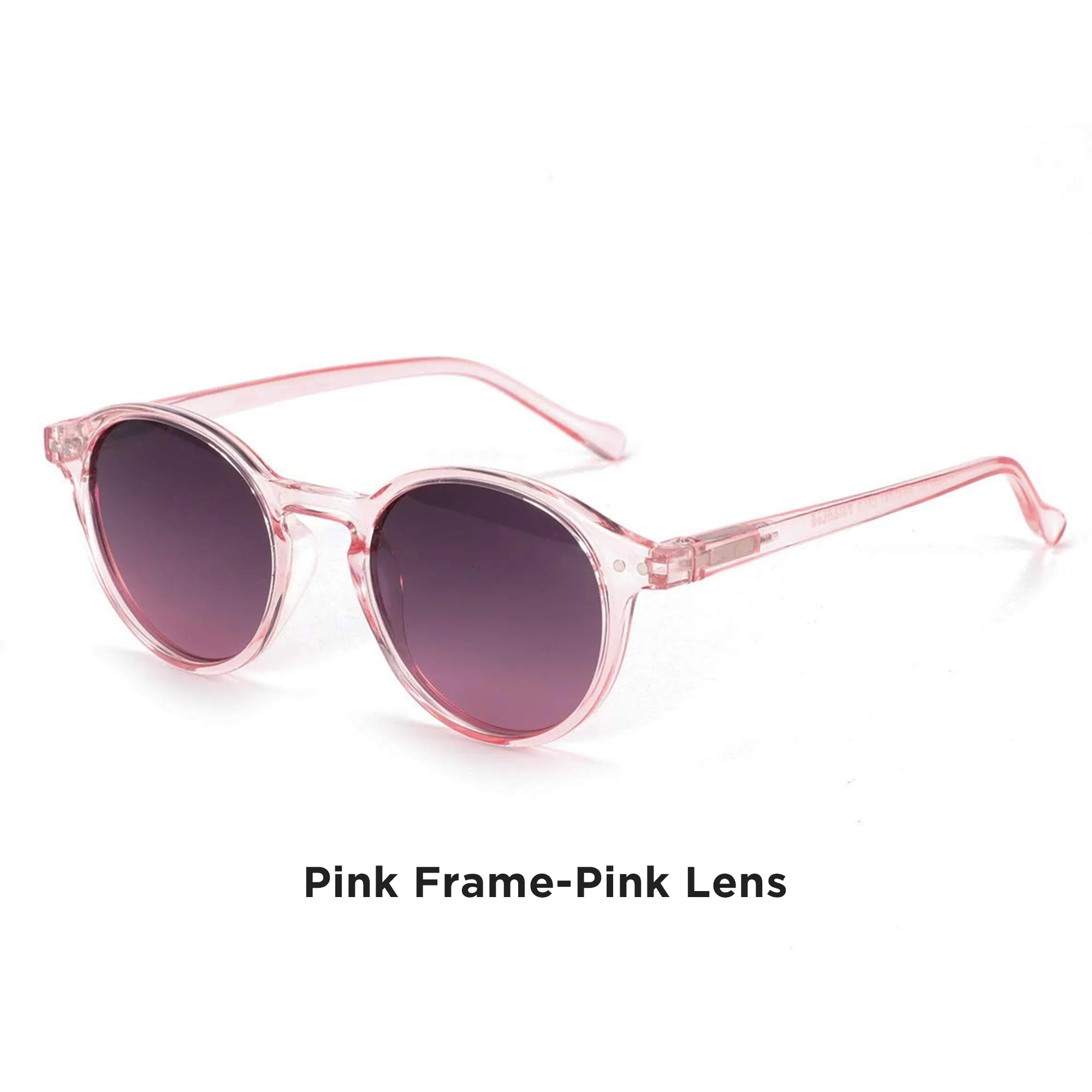 Small round sunglasses with pink frame and pink-tinted lenses
