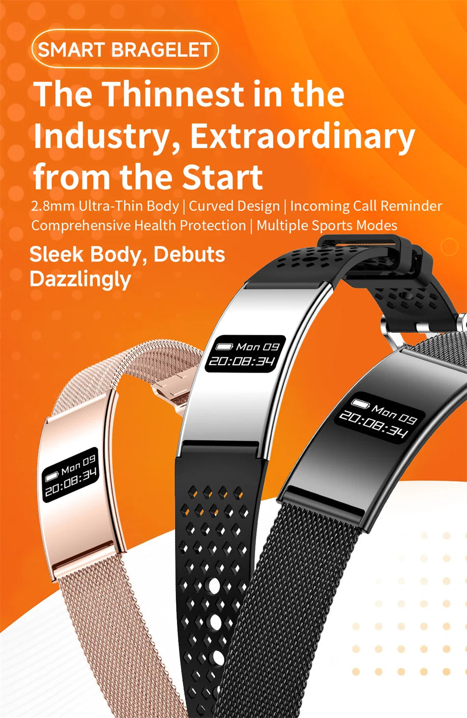 Smart fitness tracker bracelets with metal mesh straps in black and gold tone