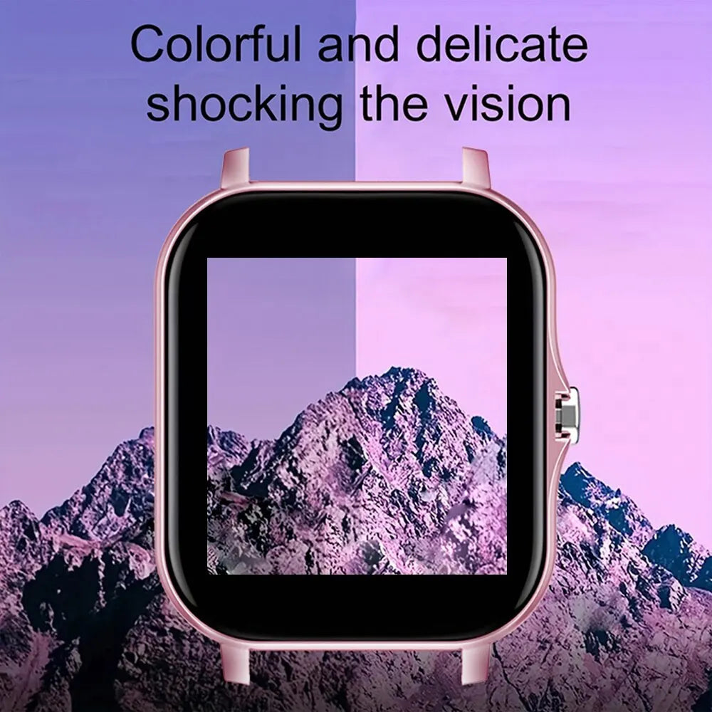 Rose gold mini smart watch with square black display and light pink strap, landscape watch face