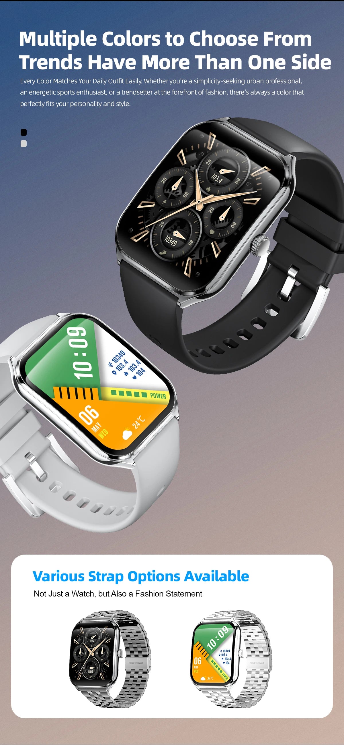 Ultra-thin smart watch with interchangeable bands, showing two watch face screens