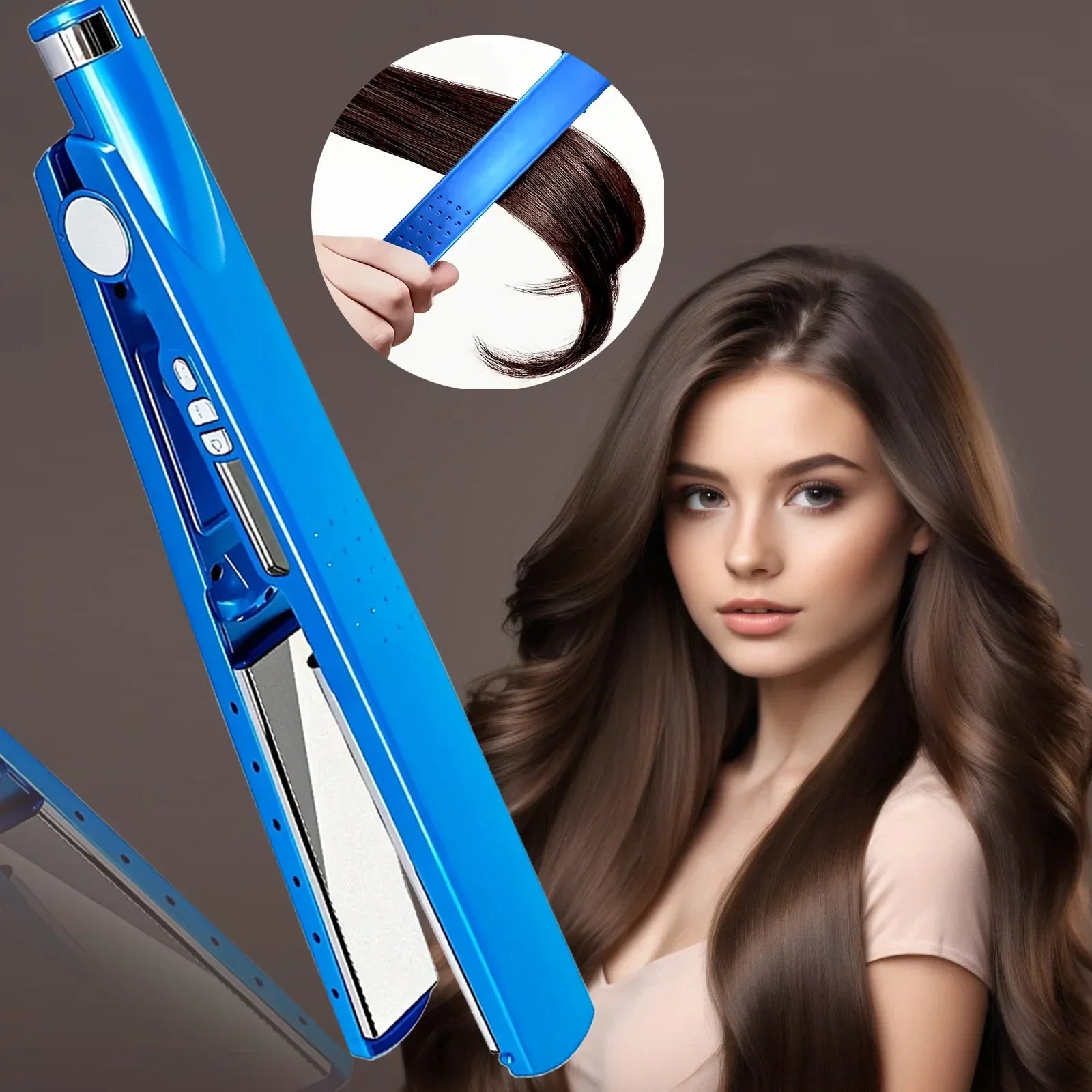 Blue hair straightener with ceramic plates and side control buttons