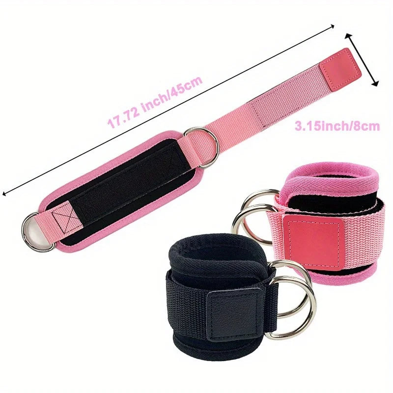 Pink resistance band strap with metal D-rings and black inner padding, detail view