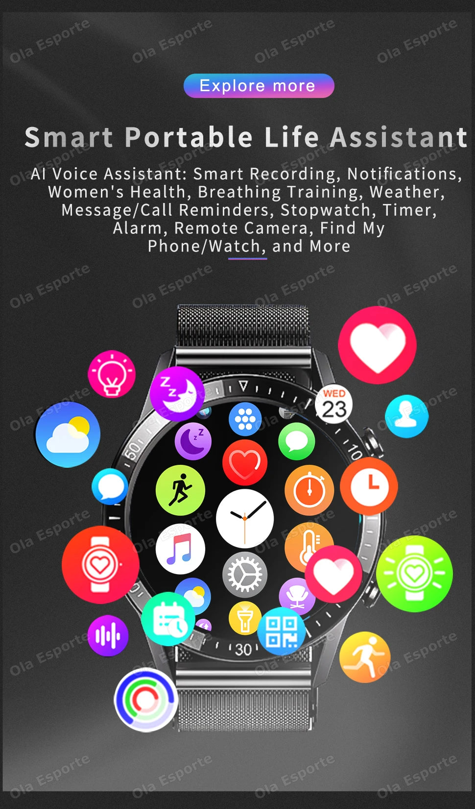 Ola Esporte smart watch with 1.5-inch round HD display and silver metal mesh band, Cedar & Moore