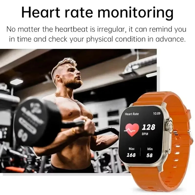 49mm smart watch with orange silicone strap and heart-rate screen reading