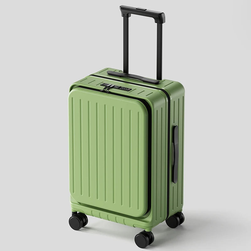 Green carry-on suitcase with front pocket, telescoping handle, and four caster wheels