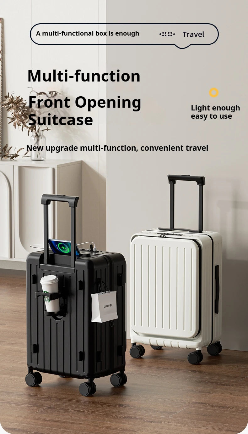 Multi-function front-opening rolling suitcase in black and white with extended handle