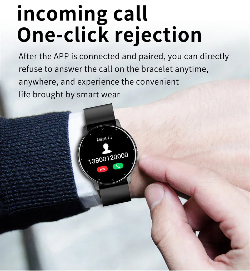 KaiAqua X27 Fitness Smart Watch on wrist with black band, 1.28-inch AMOLED display showing an incoming call