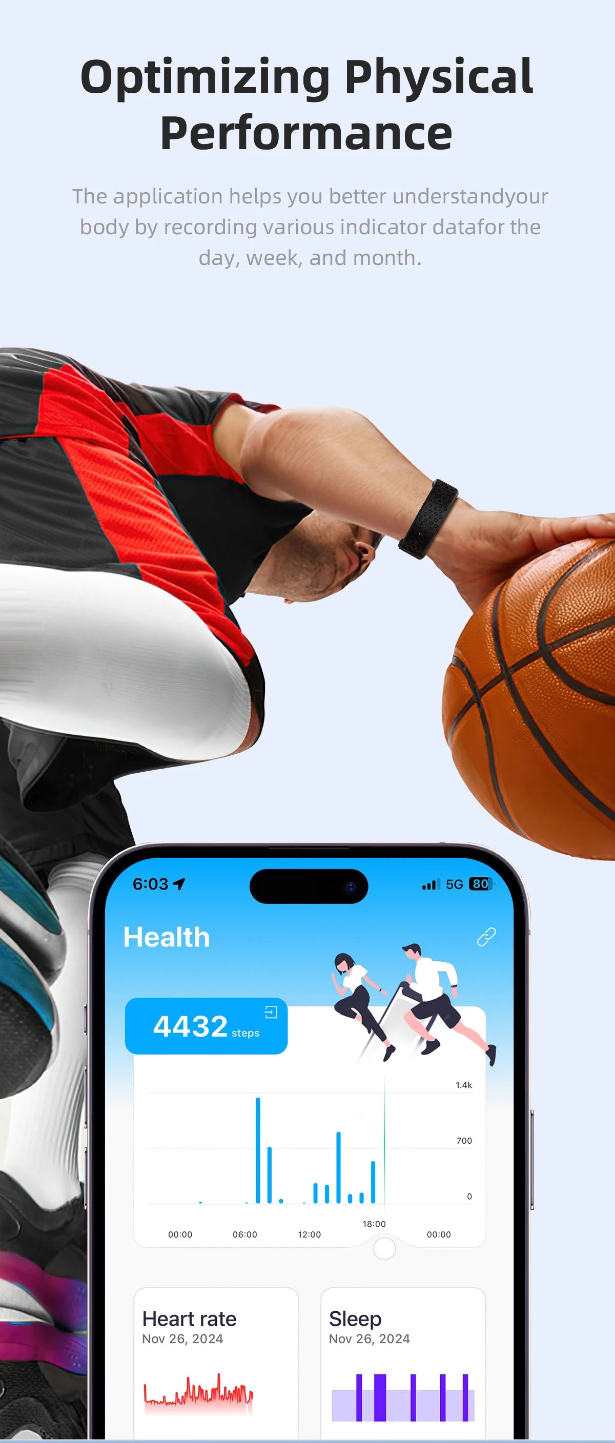 Black fitness bracelet on wrist with health data shown on watch screen overlay