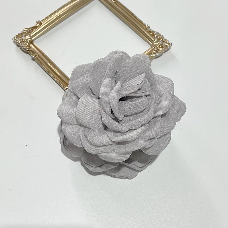 Gray fabric rose flower hair claw clip with gold-tone frame, 1 barrette