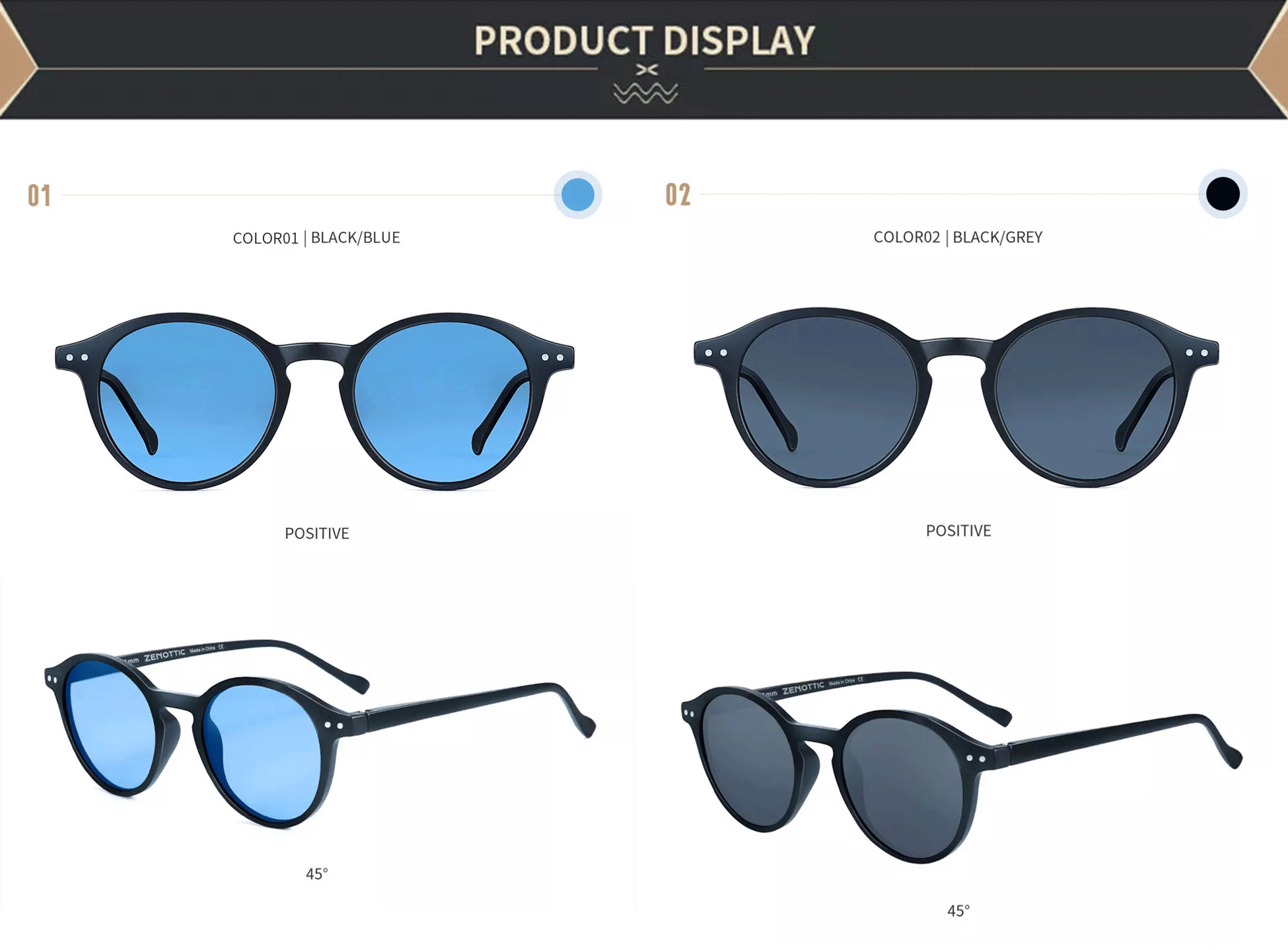 Small round sunglasses: black frame with blue mirrored lenses and black frame with dark gray lenses.