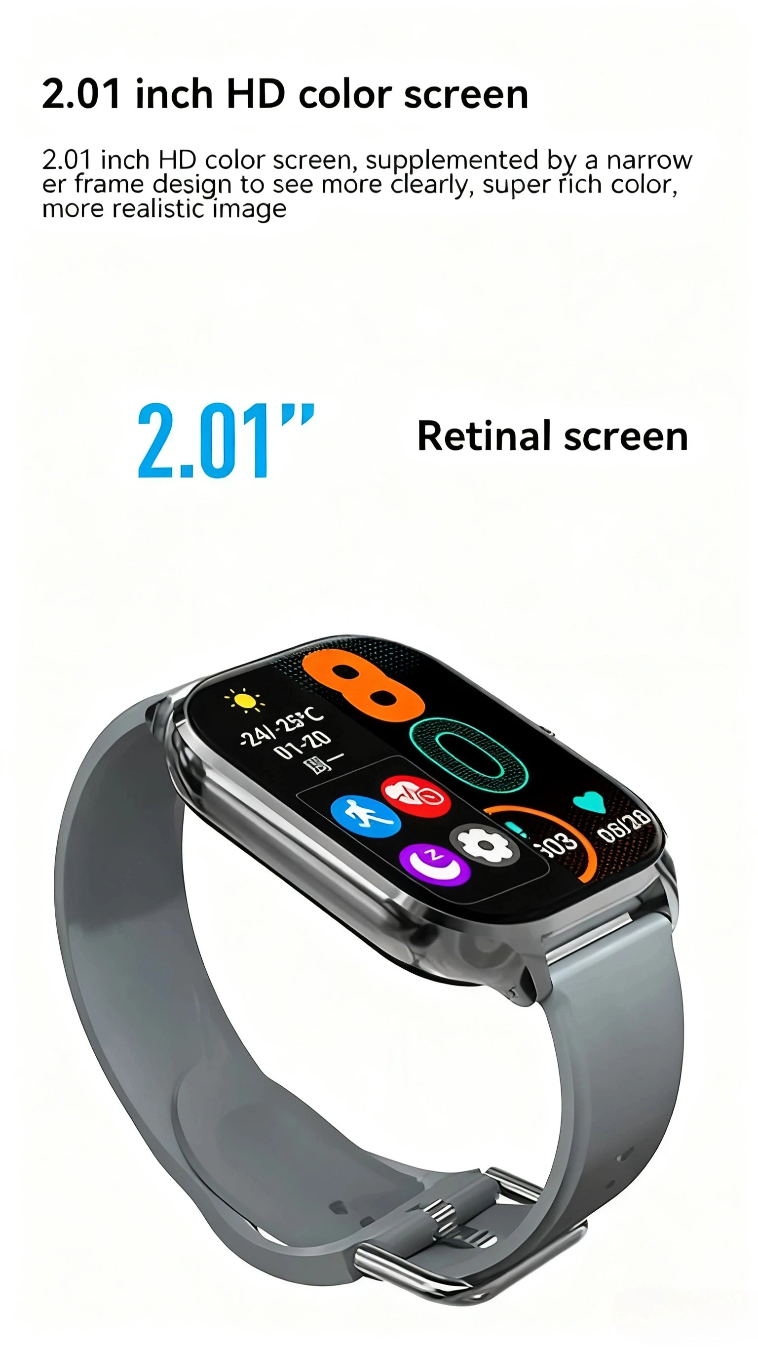 Smartwatch with 2.01 inch HD color screen and colorful app icons on display