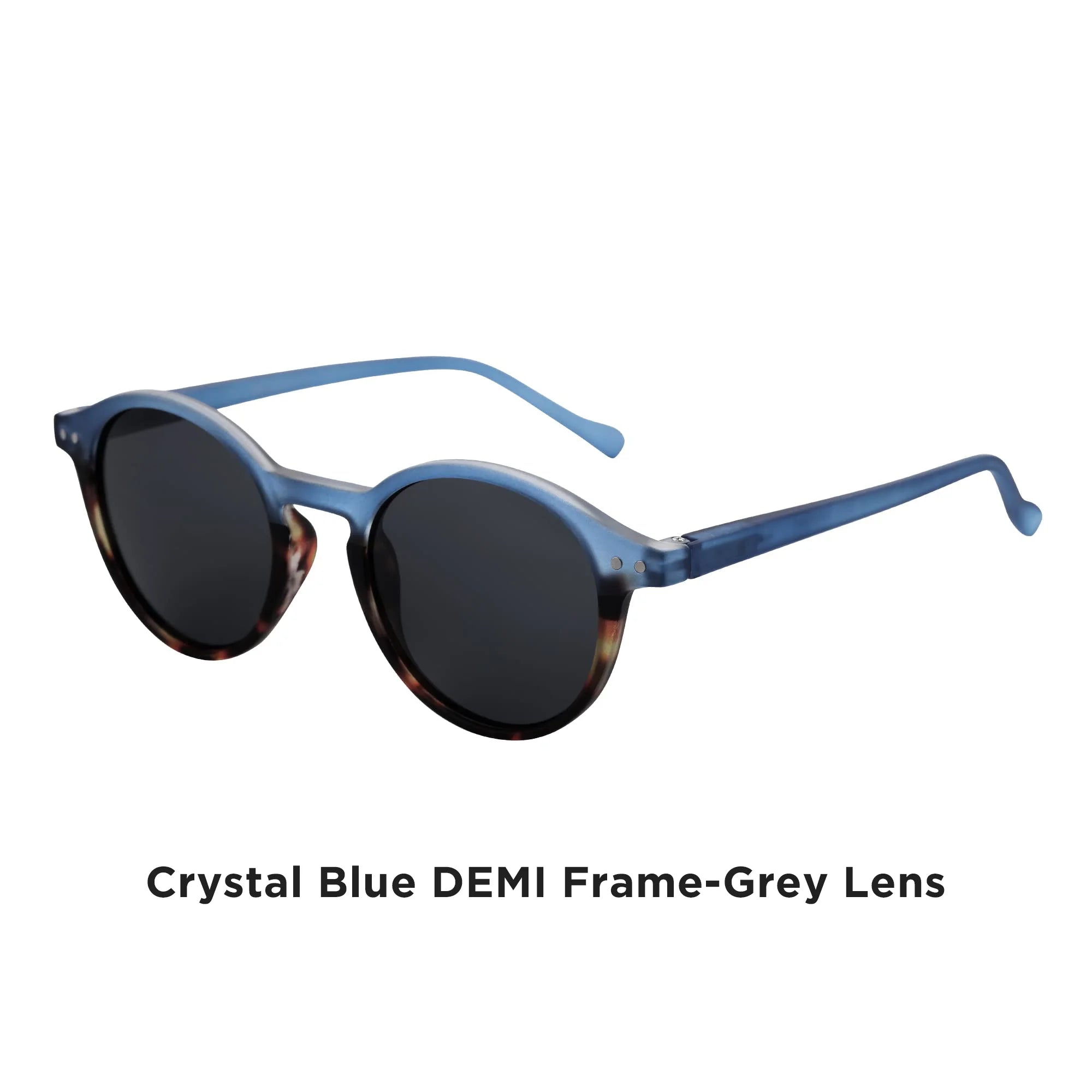 Small round retro polarized sunglasses, crystal blue demi frame, grey lenses