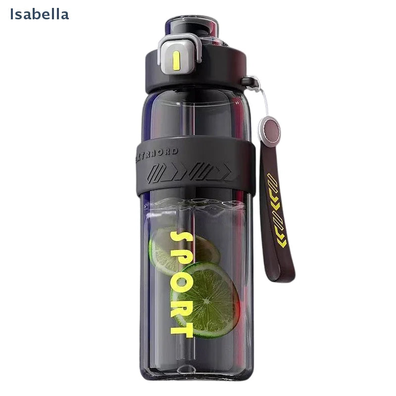 Clear sports water bottle with black pop-up lid and straw, lime slices inside, black strap handle.