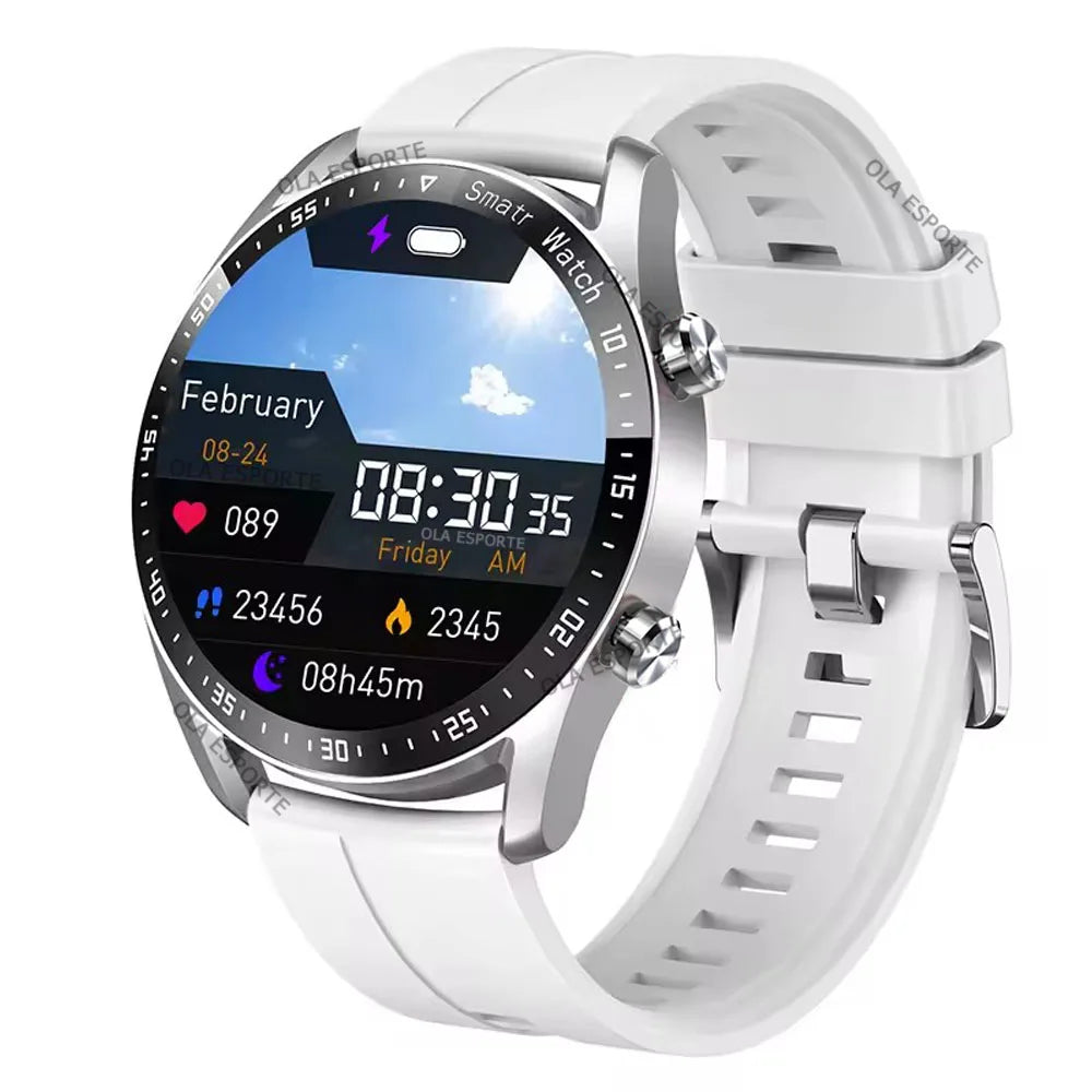 Ola Esporte Smart Watch; white strap, round HD display.