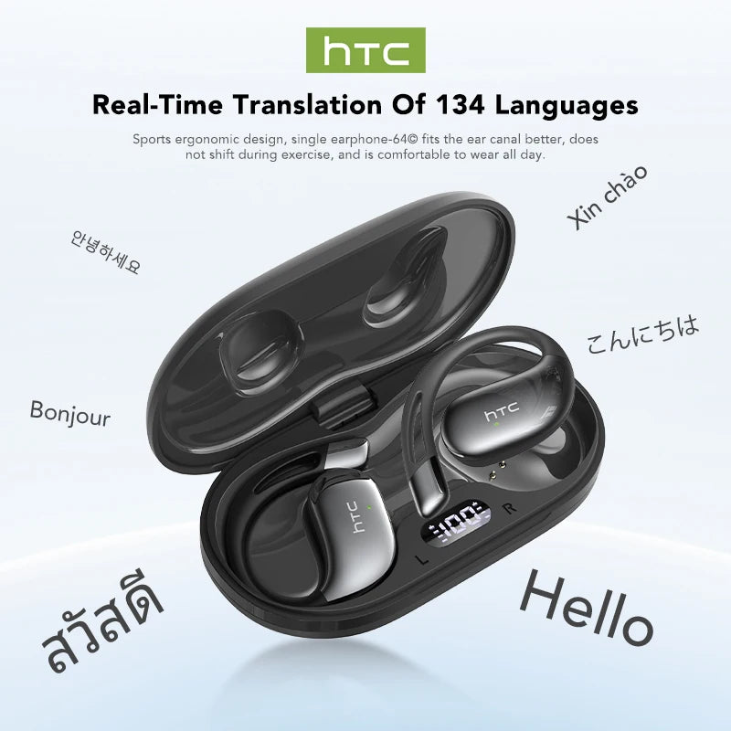 Black open charging case with two wireless earbuds, compact sport ergonomic design