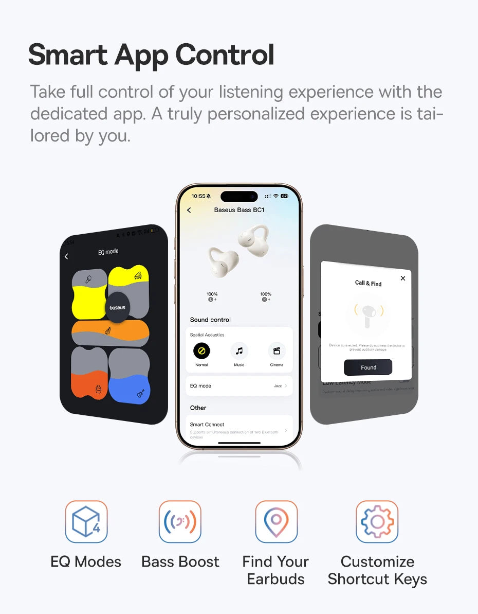 Open-ear clip earbuds shown with smart app control screens on phones