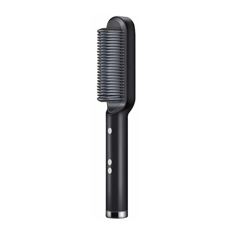 Black smoothing hot brush hair straightener with gray comb teeth and control buttons