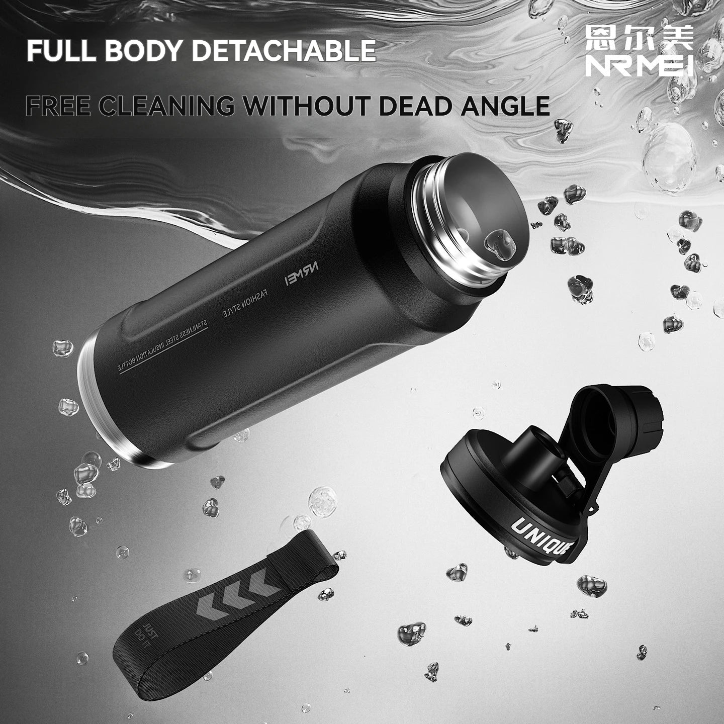 Black insulated stainless steel bottle with detachable strap and lid parts