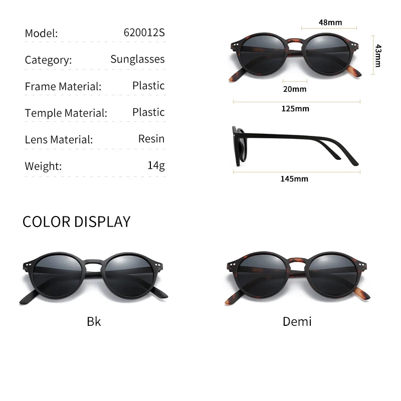 Round sunglasses with plastic frame and dark lenses, side profile dimensions
