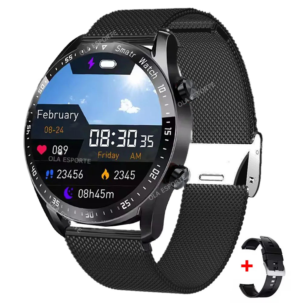 Ola Esporte smart watch by Cedar & Moore; black round 1.5in display with mesh strap and extra band bundle