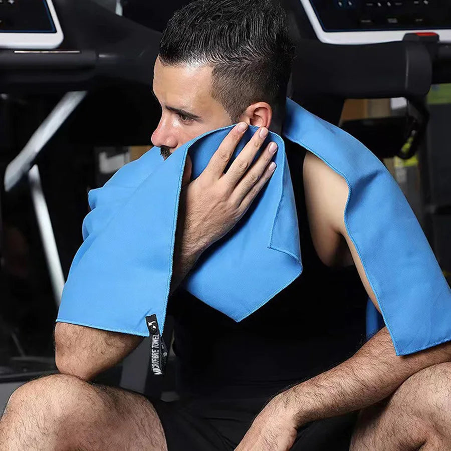 Quick-Dry Microfiber Sports Towel Cedar & Moore, blue gym towel draped over shoulders