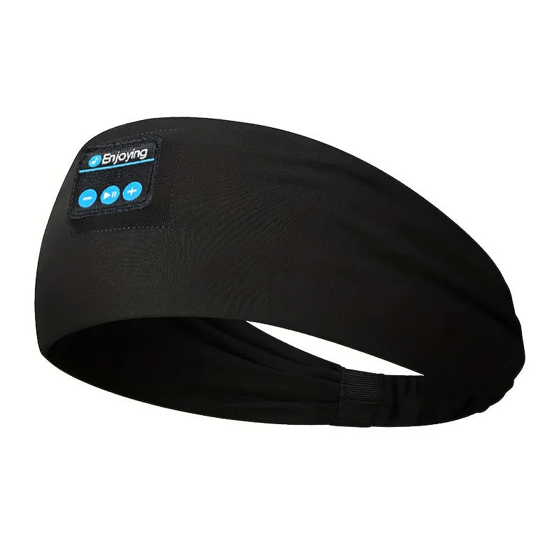 Black wireless sports headband headphones with curved speaker area and control panel.