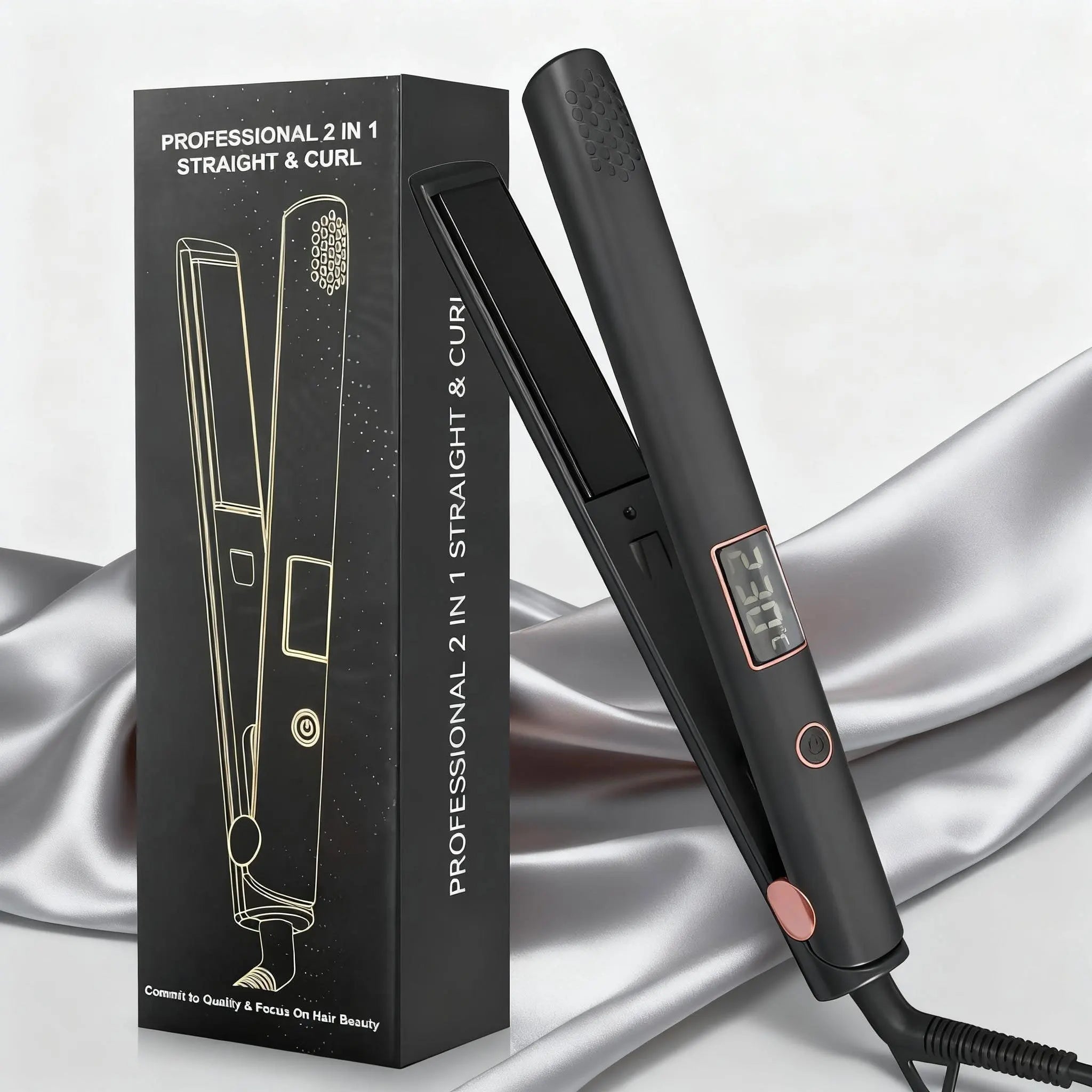 PTC Ceramic Hair Straightener - LCD Display Flat Iron 2-in-1 Kit with Glove & Hair Clips