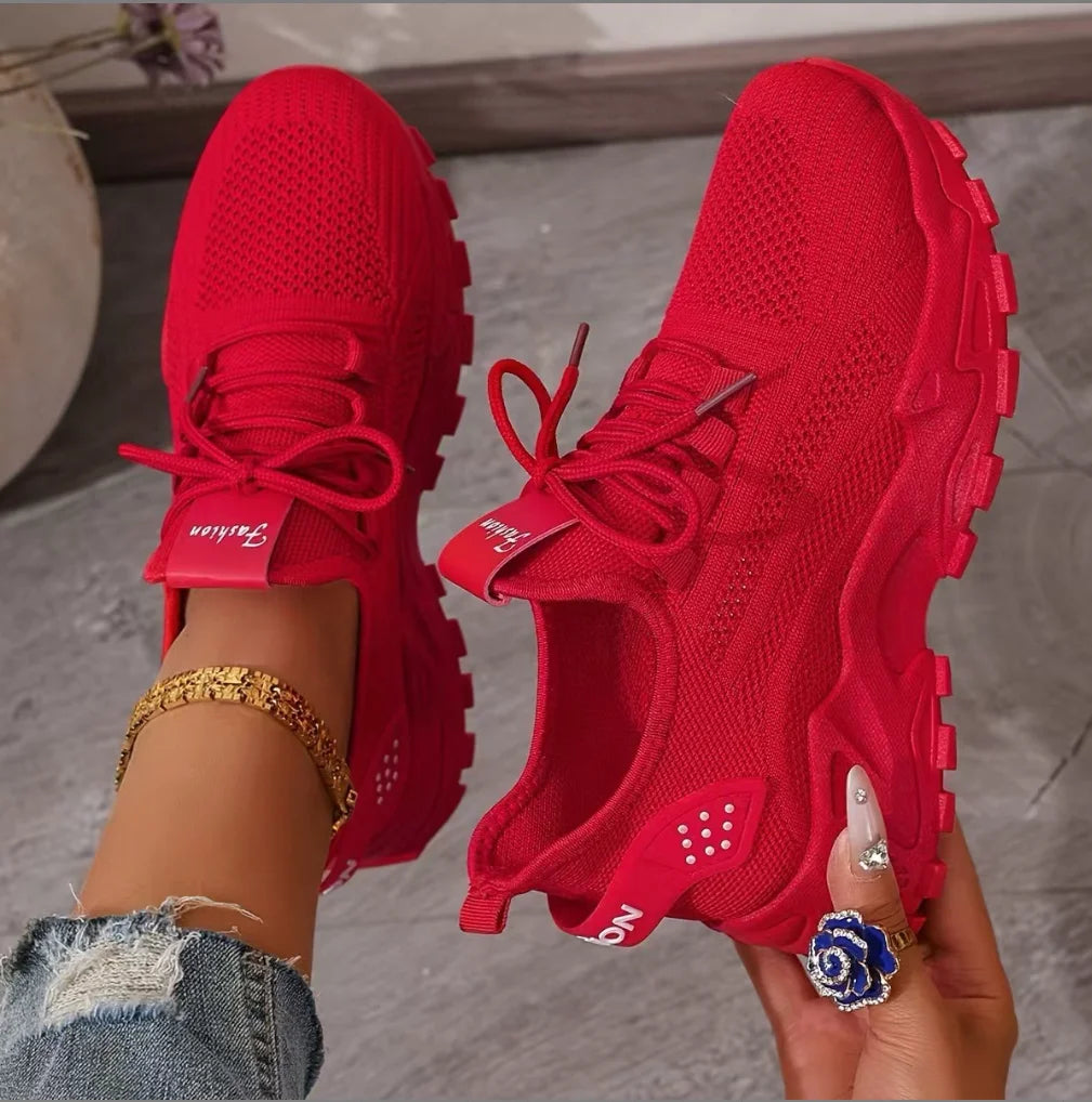 Women's breathable mesh athletic sneakers with thick sole in red