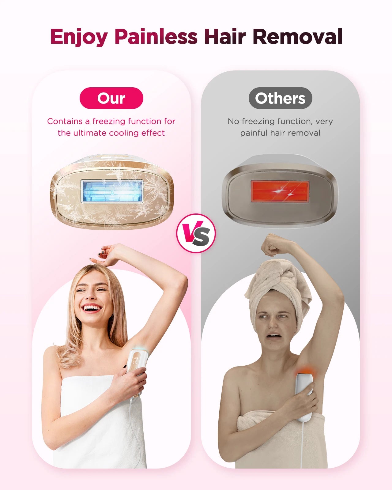 Ice-cool IPL hair removal device with blue light window and cooling panel