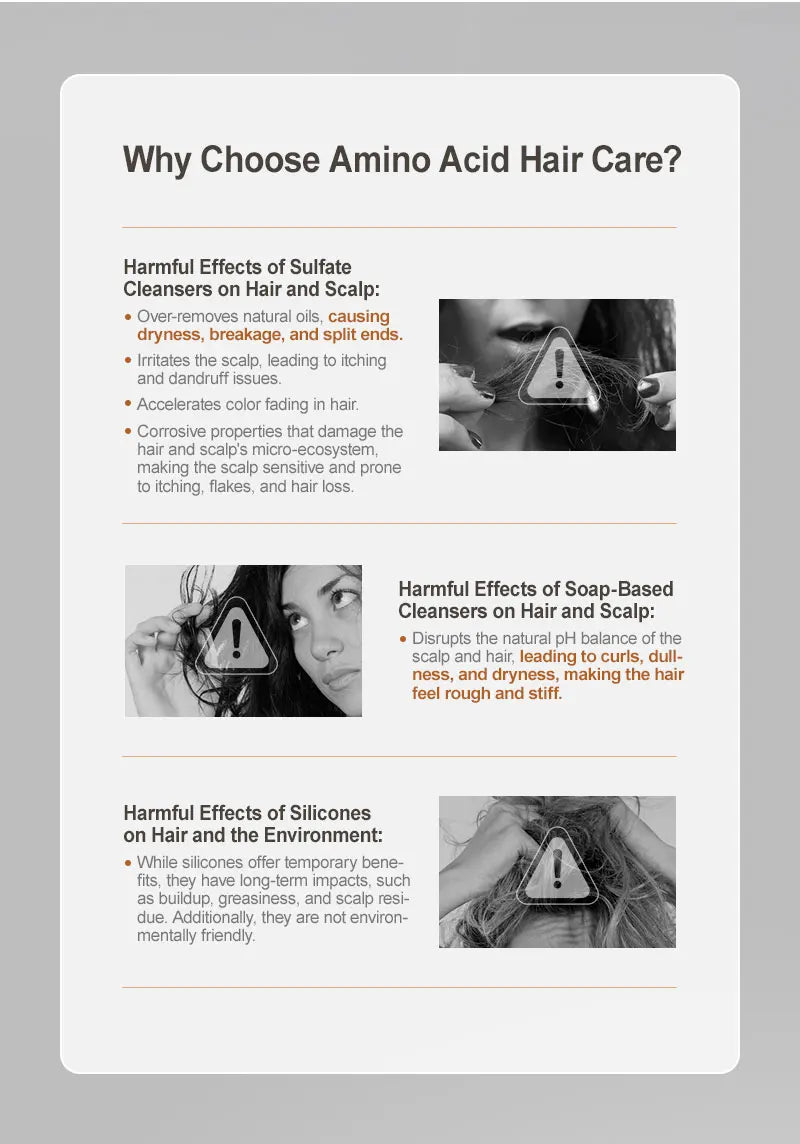 Hair care information card: amino acid benefits and sulfate-free scalp guidance