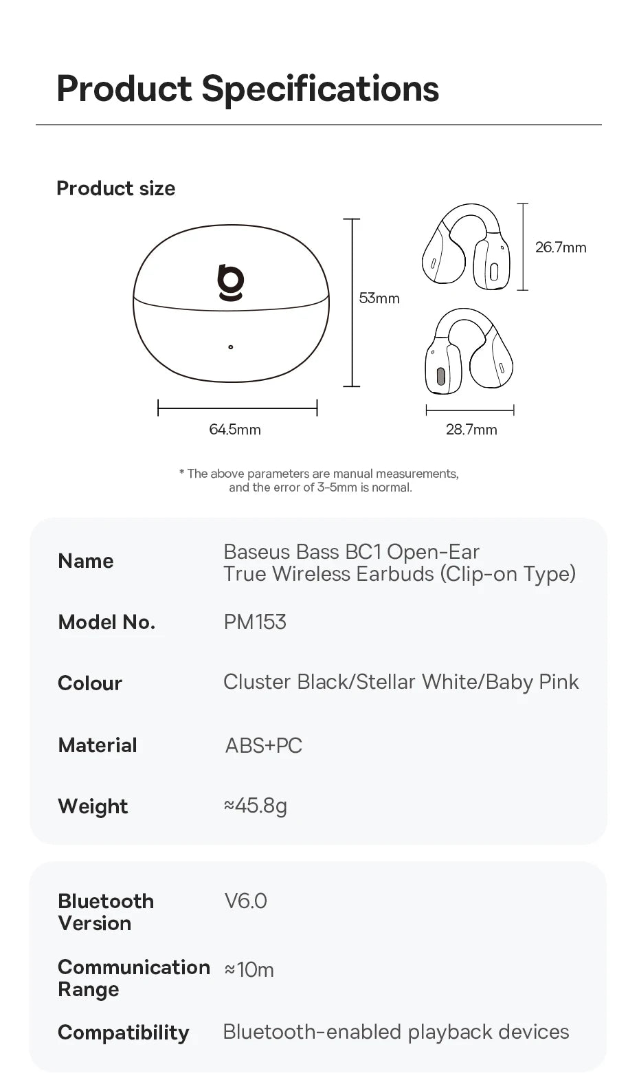Open-ear clip earbuds with size and product specification chart