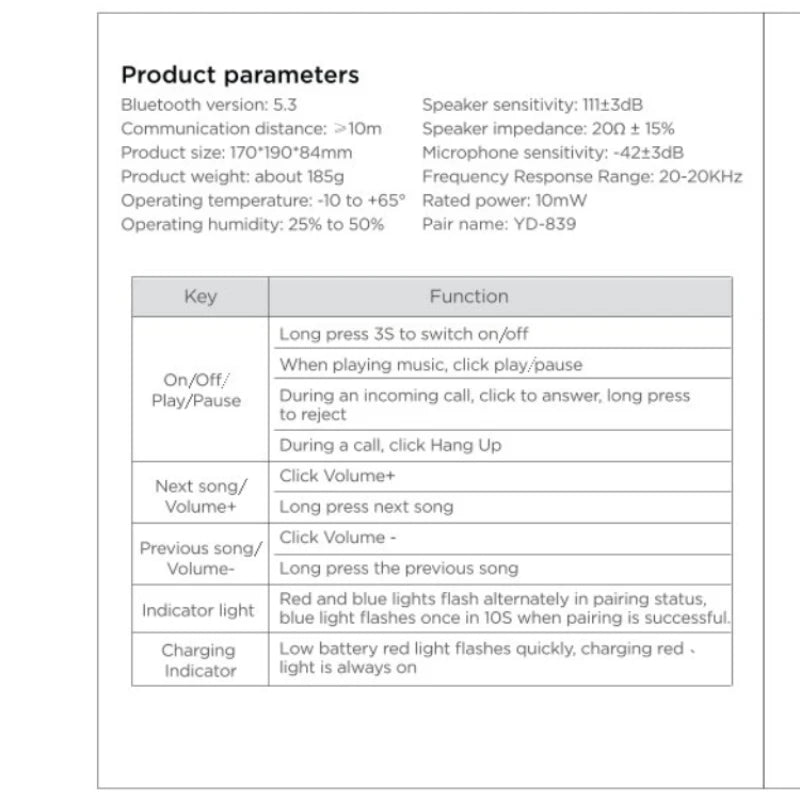 Wireless headset product parameters and function table