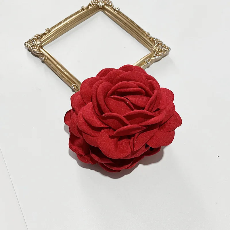 Red fabric rose hair claw clip barrette