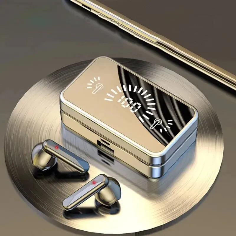 Bluetooth earphones charging case with two earbuds and reflective top display