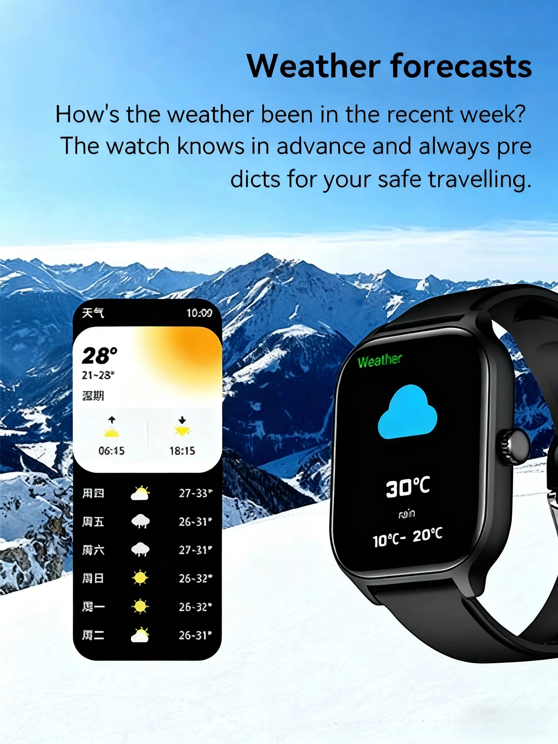 Smartwatch with black case and dark strap, screen showing weather forecast and temperature