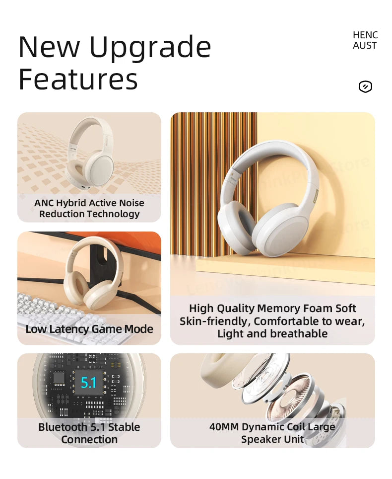 Beige wireless over-ear headphones on feature chart with illustrated ear cups